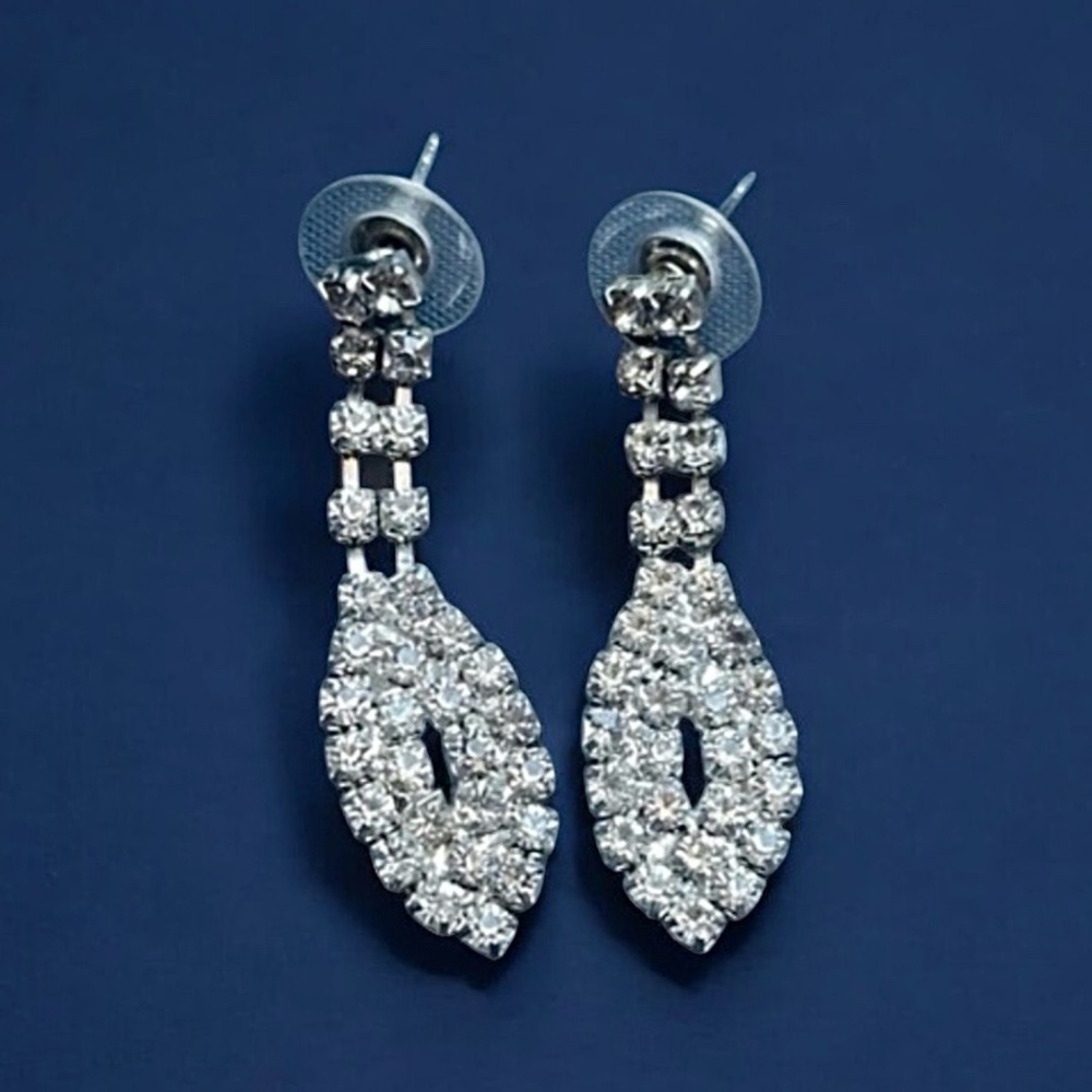 Vintage Rhinestone Dangle Earrings Marquise Silver Tone Glam Earrings